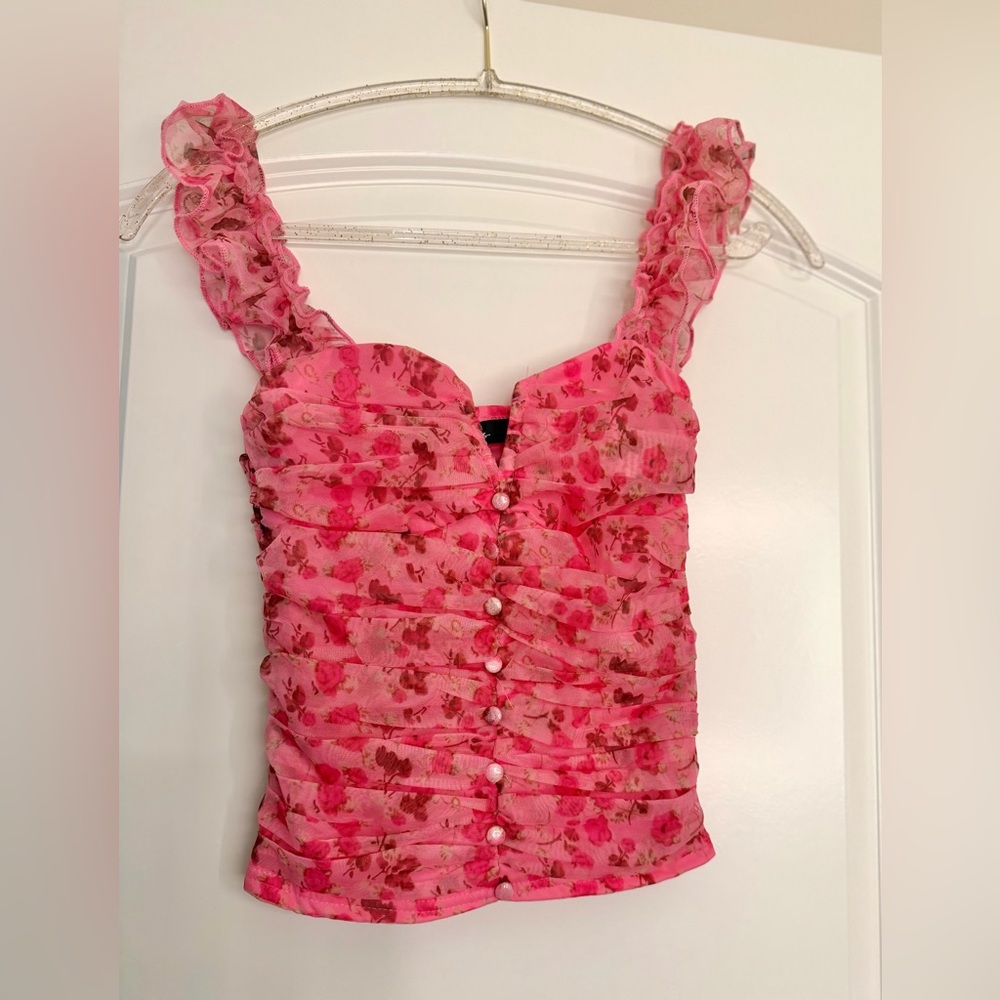 Lulus pink floral sleeveless lined mesh top. NEW w/ tags. Size X-small.